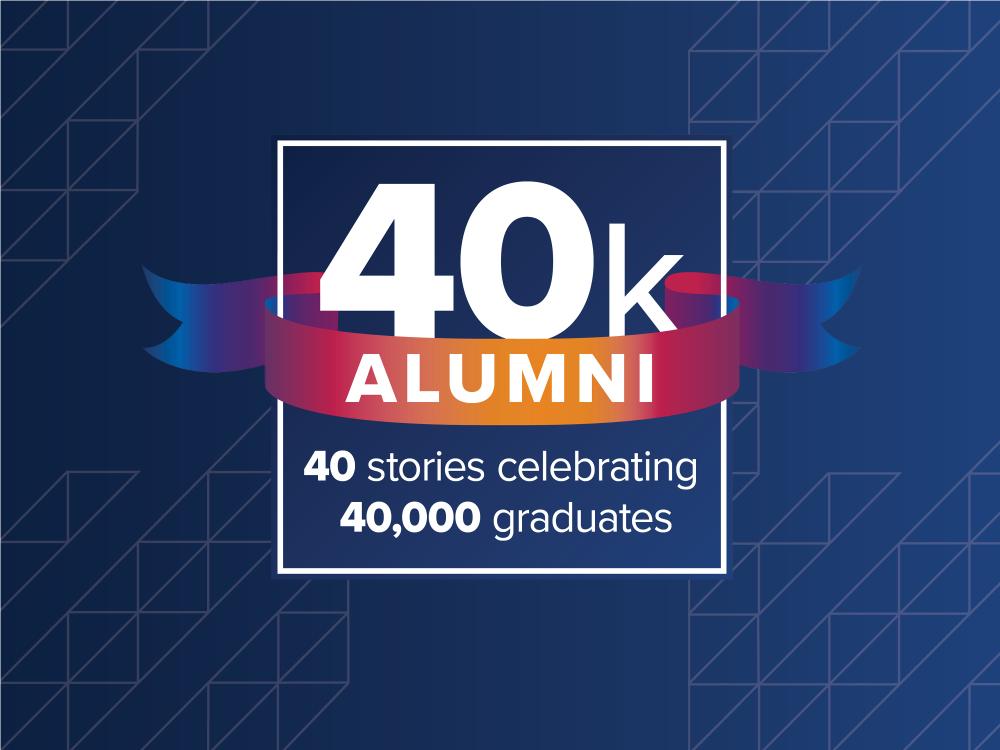 A digital graphic featuring white text on a dark blue background. "40K alumni. 40 stories celebrating 40,000 graduates."