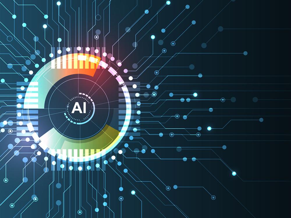 Abstract digital technology illustration featuring glowing circuit board lines and a colorful central circular hub displaying the letters 'AI'.
