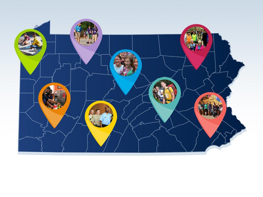 Blue map of Pennsylvania with circle shaped photos of people doing different activities