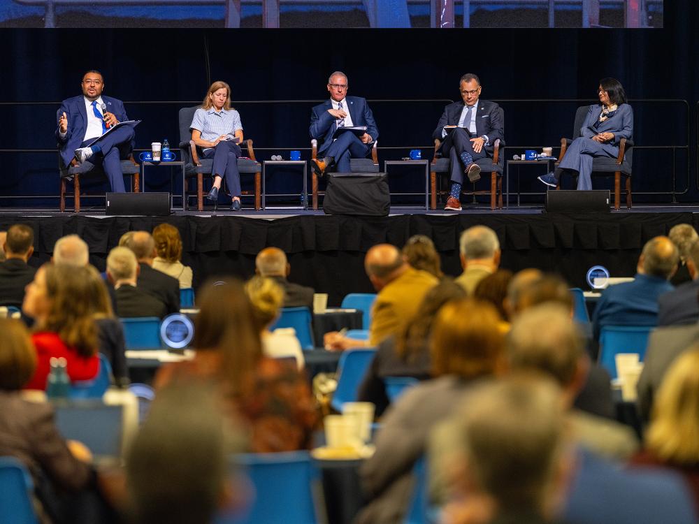 Five Penn State leaders address the audience at the fall 2026 State of State event on Sept. 24, 2026.