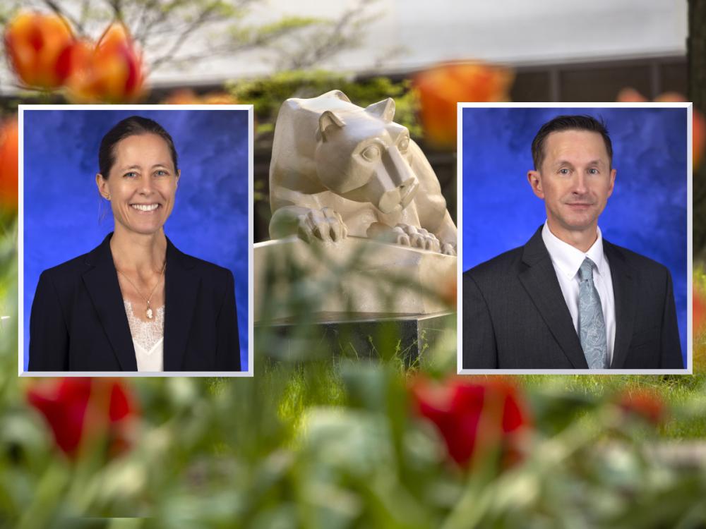 Professional headshots of Dr. Marthe Haverkamp and Matthew Kemmann are placed side by side over an image of a Penn State Nittany Lion statue. Flowers and a building are also in the background.