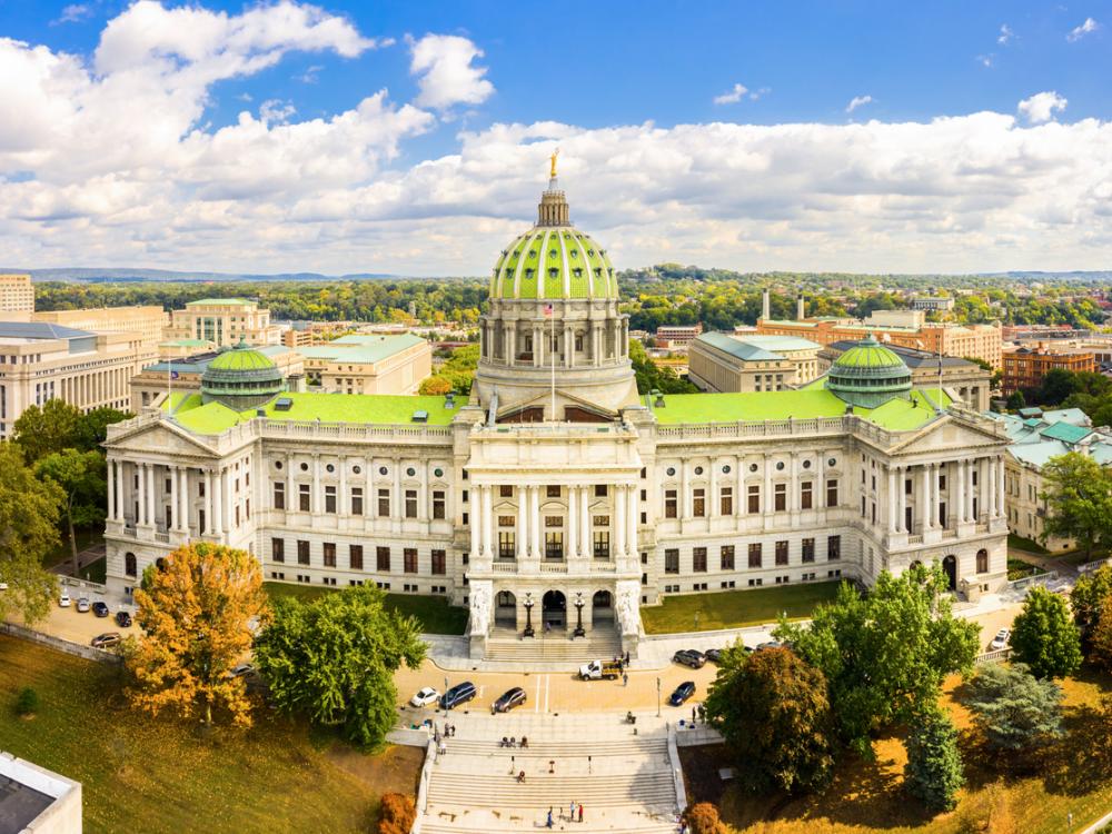 Top view of the white Harrisburg capitol building.