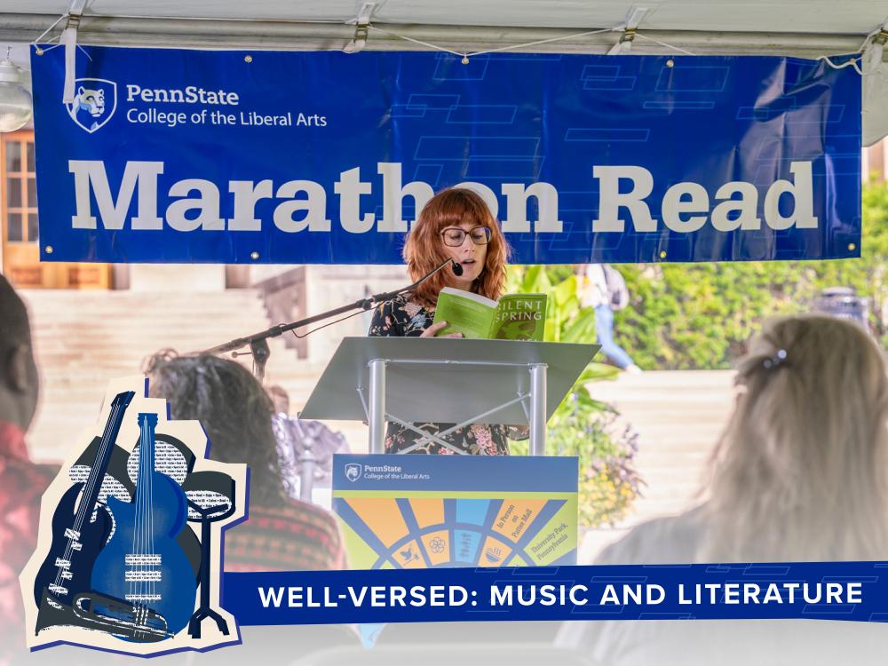 Claire M. L. Bourne reads from a book with blue Marathon Read banner in back of her.
