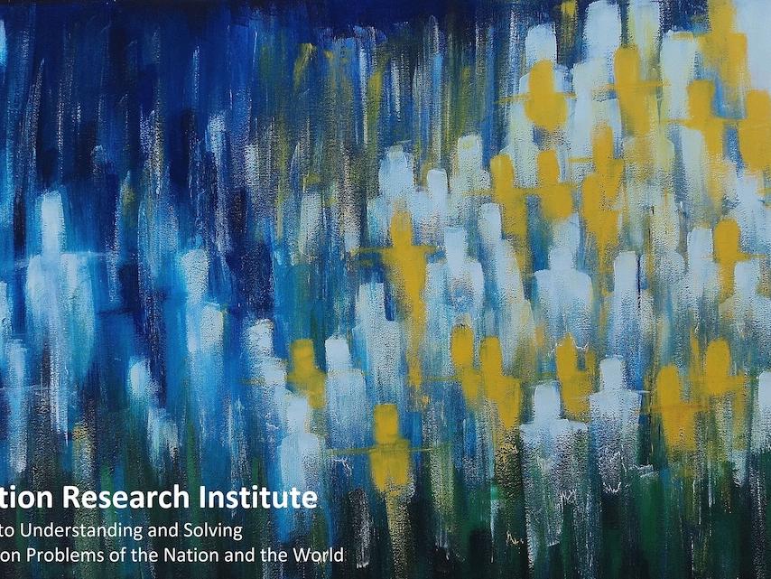 Paining of shadows of people in colors of blue and yellow