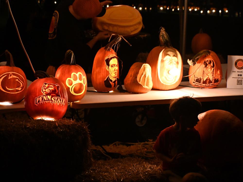 A lineup of carved pumpkins at night at Pumpkin Fest in The Arboretum at Penn State.