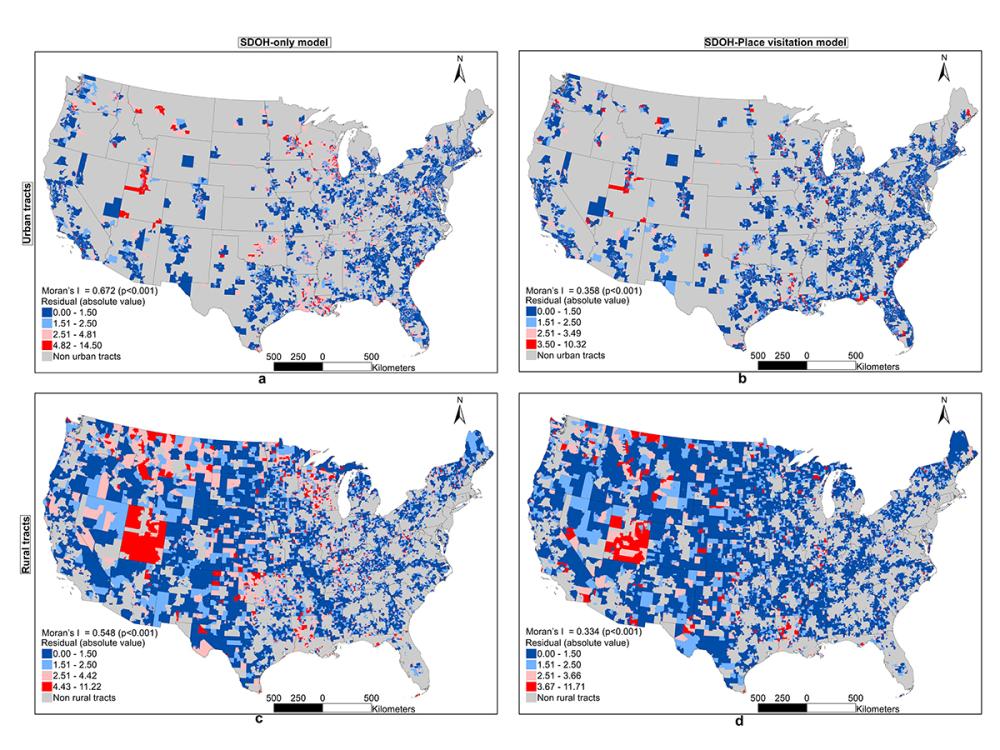 A four part map of the continental United States shaded red and blue marking relevant census tracts.