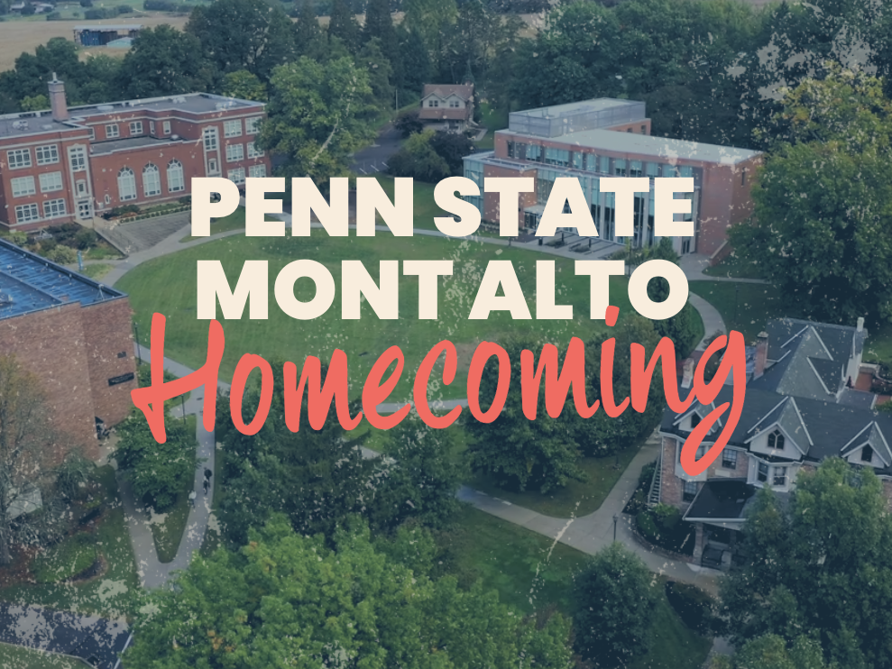 Aerial view of Penn State Mont Alto campus with “Penn State Mont Alto Homecoming” text over the image.