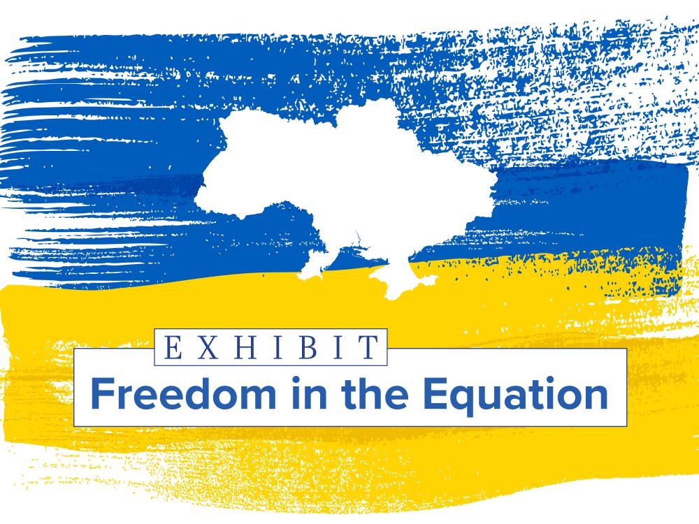 Ukraine flag colors in background, Exhibit graphic