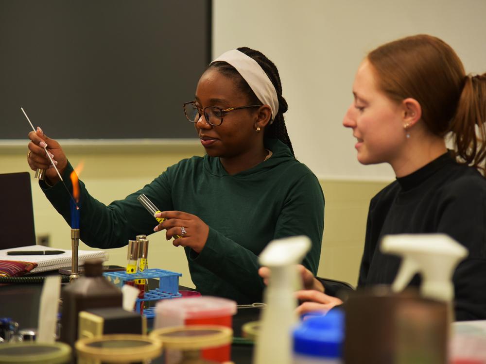 Two students conduct a laboratory experiment, heating a test tube over a flame.