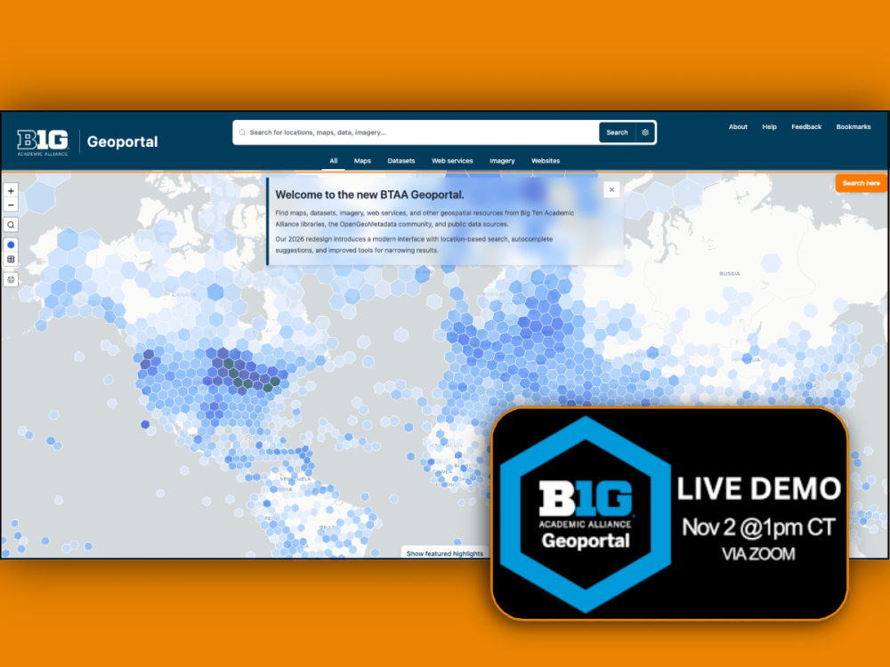 Geoportal screen capture showing map of world, inset text reads Geoportal Live Demo Nov 2 @ 1pm CT via Zoom, logo Big Ten Academic Alliance