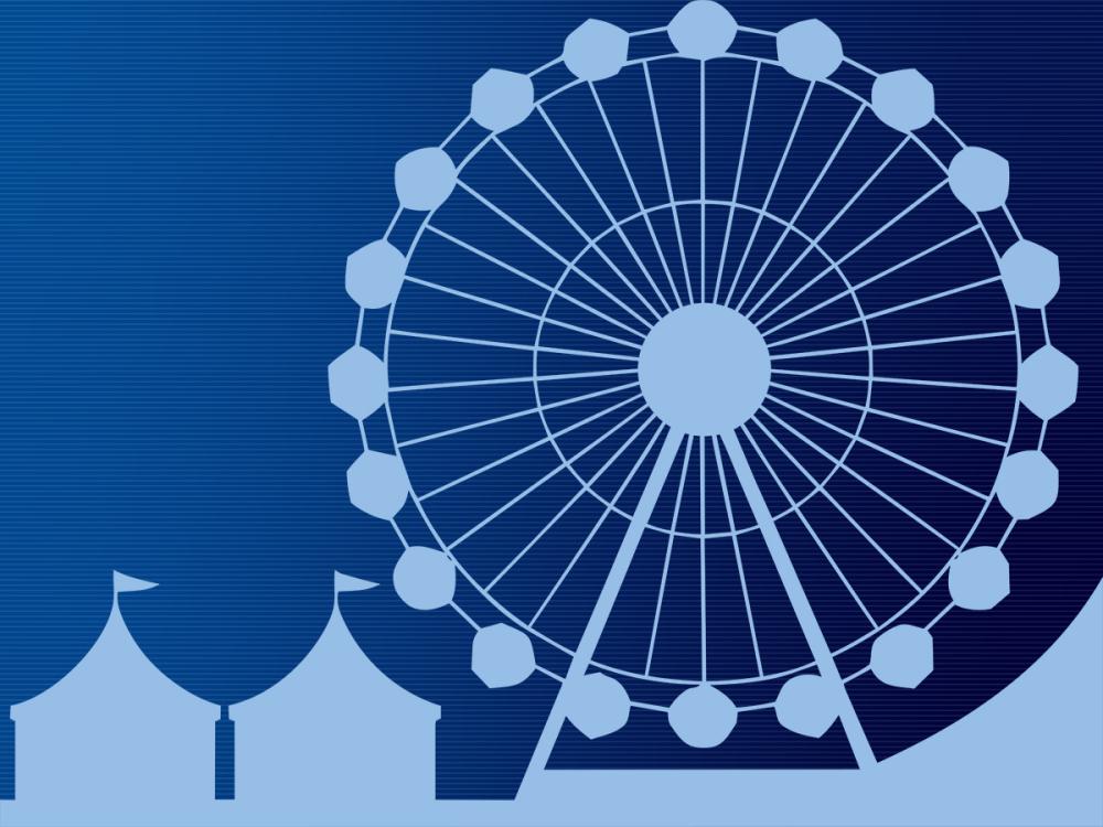 Blue graphic of a Ferris wheel and carnival tents in silhouette.