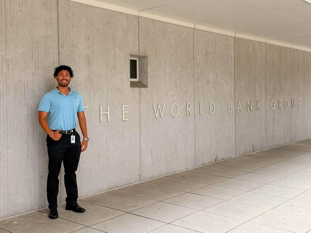 Daniel Garcia Calao stands in front of the World Bank Treasury in Washington, D.C.