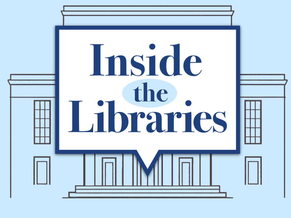 graphic with simple line drawing outlining large building with steps and pillars with talk bubble pointing to center door and words Inside the Libraries