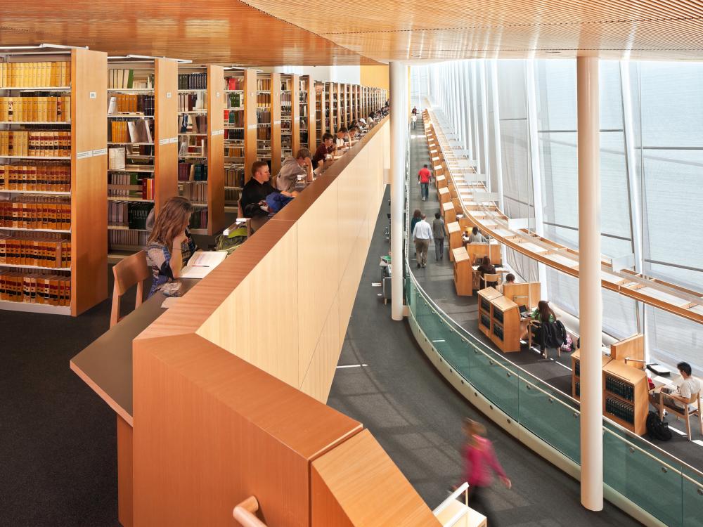 a library with big windows on right side