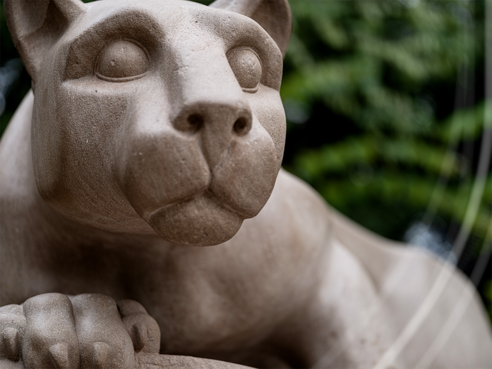 Close-up of a stone Nittany Lion statue, showing its face and front paws against a blurred green background.