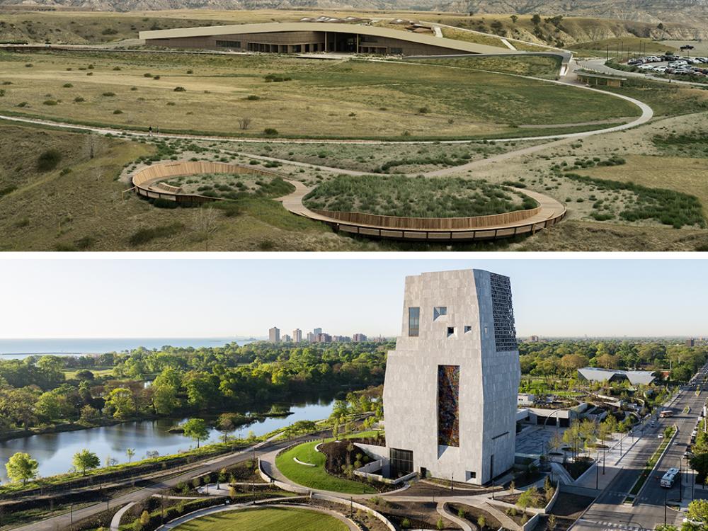 Two architectural renderings: at top, the Theodore Roosevelt Presidential Library with an aerial view of a low, modern building and winding boardwalk amid open prairie and at bottom the Obama Library: above a tall, angular tower beside a river and tree-lined park.
