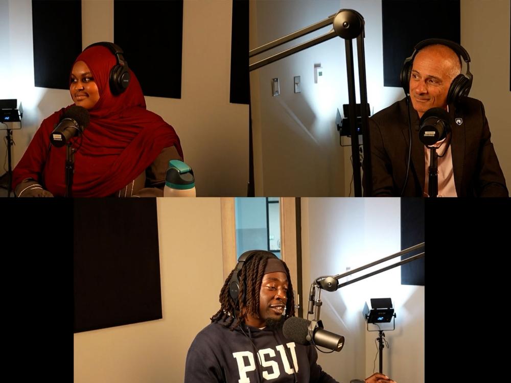 People recording in Penn State Abington's podcast studio