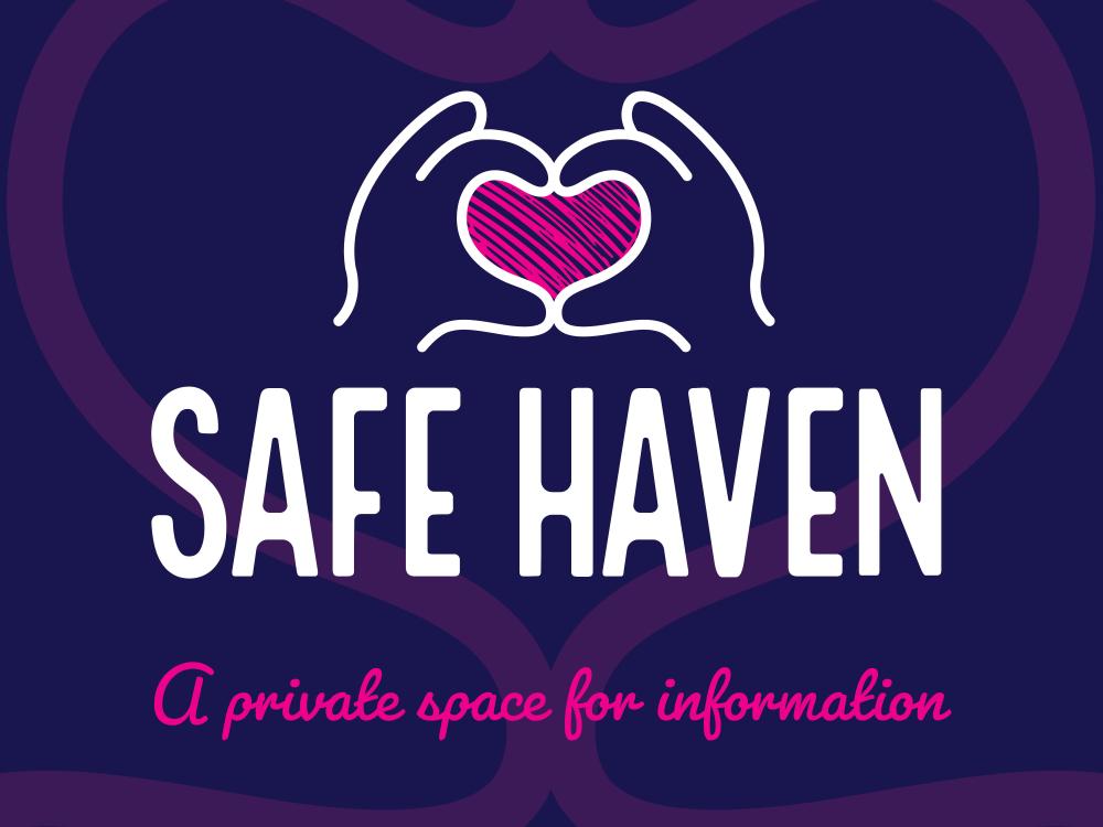 Safe Haven, a private space for information, graphic with purple backfround and white hands encircling a drawn heart