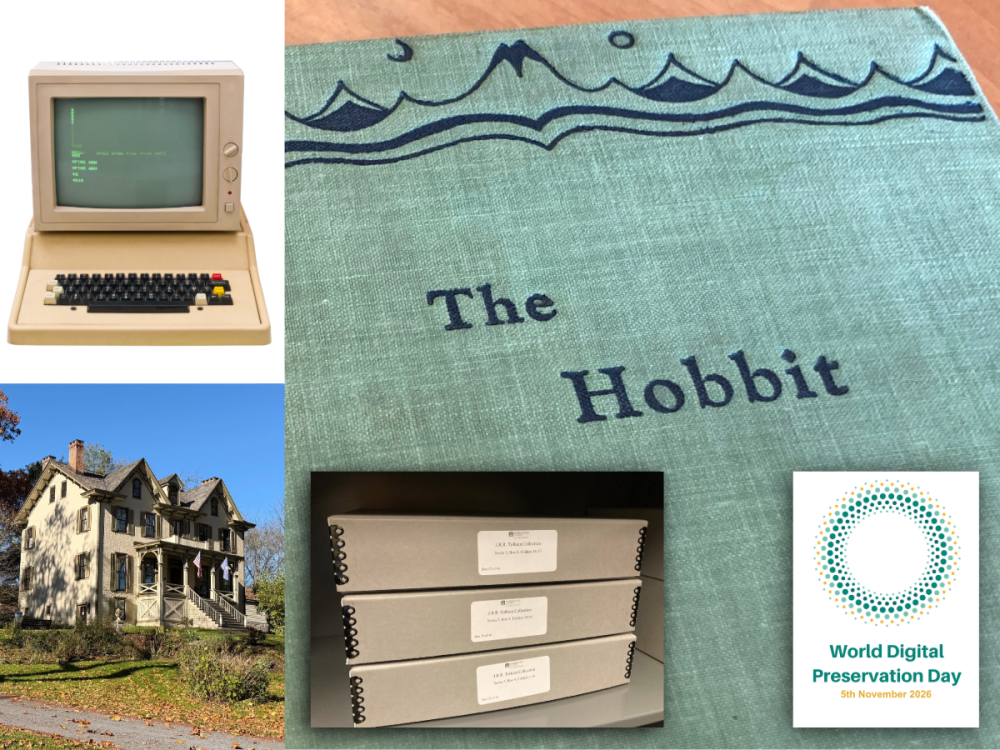 collage depicting first edition book cover titled The Hobbit and inset photo of archival boxes on shelf, 1980s computer and keyboard, Victorian mansion exterior in fall