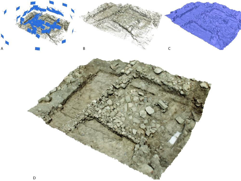 The steps Photoscan takes to turn photos into a 3-D model illustration of a landscape