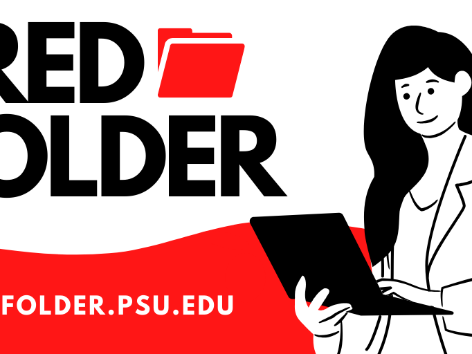 Red Folder graphic with woman holding laptop