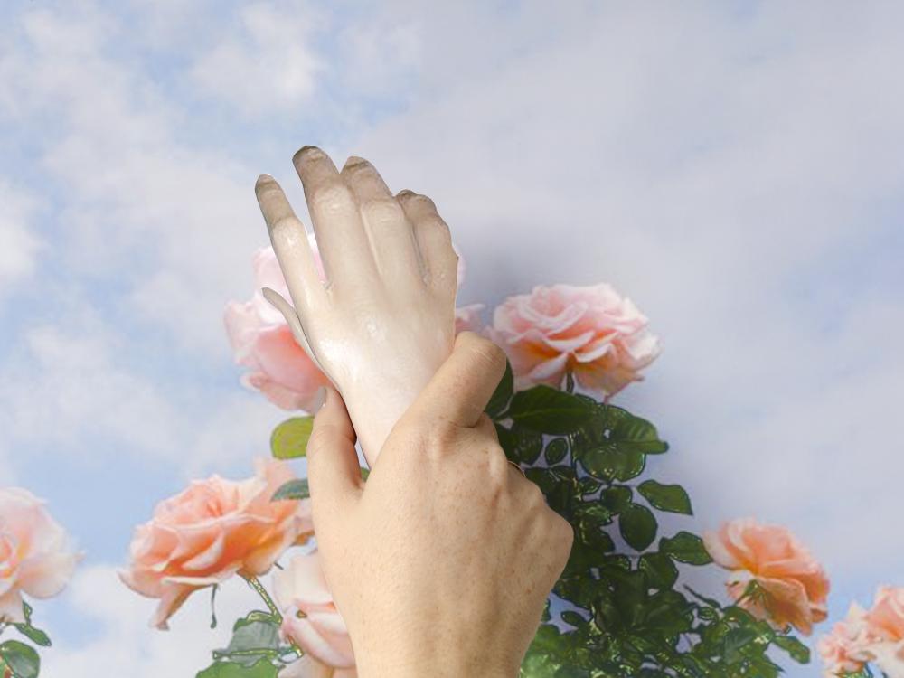 hand holding foot on top of flowers