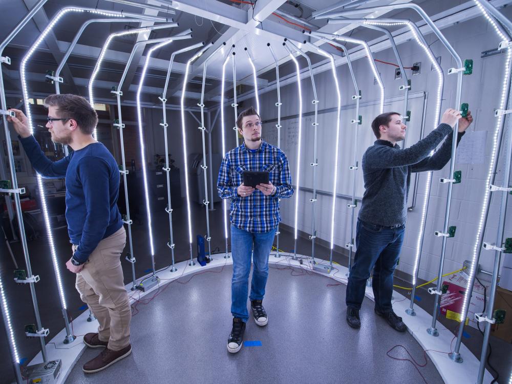 Three students work in Penn State Behrend's Innovation Commons, an ideation and rapid-prototying space.