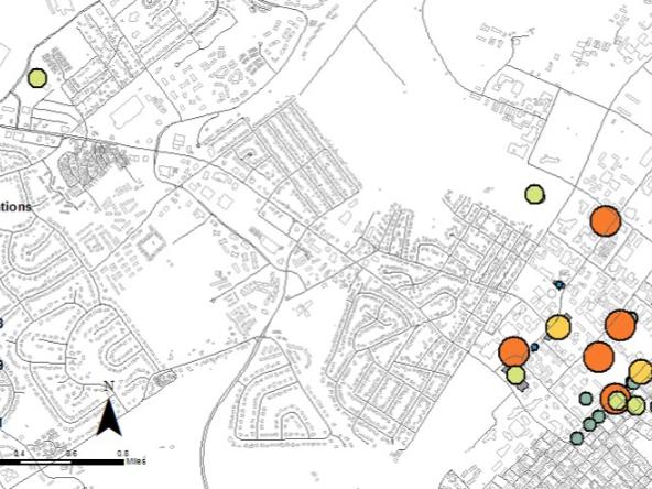 An aerial map of State College with circles marking popular locations