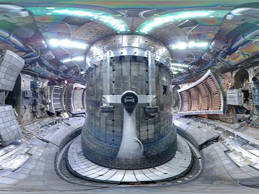 The metallic donut-shaped interior of a nuclear fusion device.