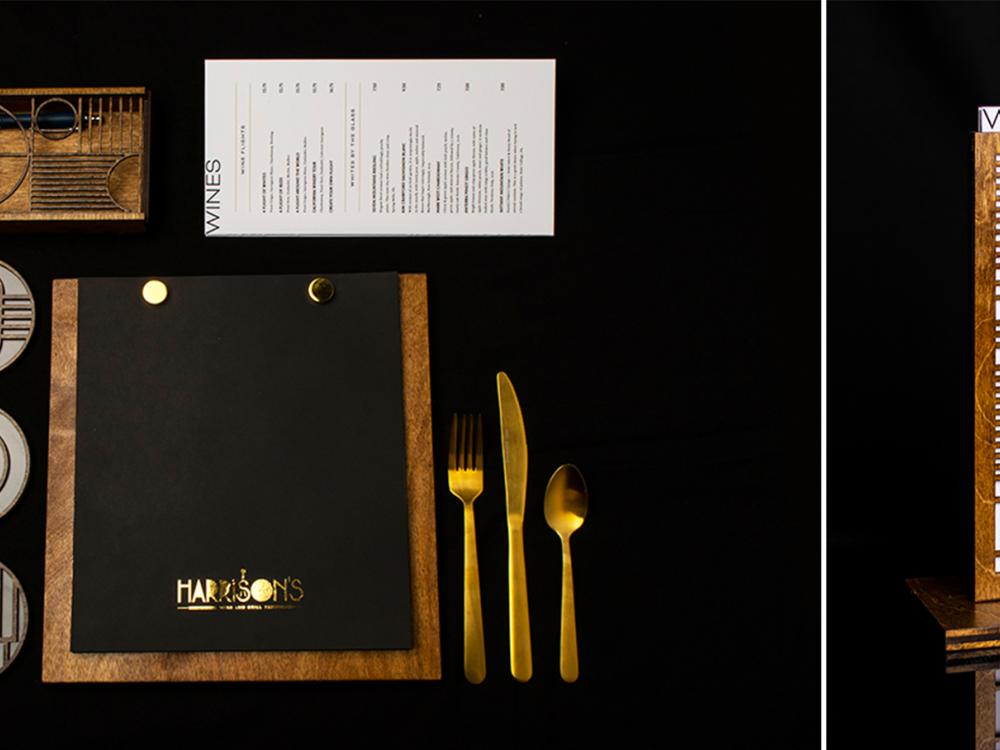 Restaurant table setting and wine list designs for a restaurant called Harrison's on a black background.