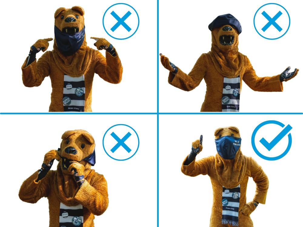 The Penn State Nittany Lion models the proper way to wear a mask.