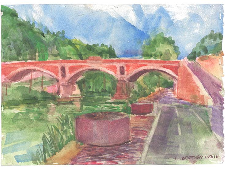 A watercolor sketch by Thomas Boothby titled “Tiber Millstones” from Rome, Italy
