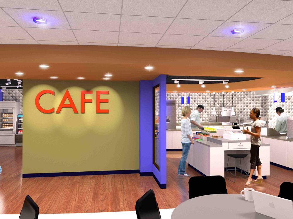 Architectural drawing of planned renovations to Lions Den Cafe - front view