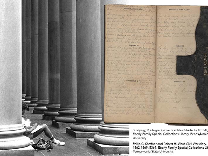 archival photos of student studying and a Civil War diary page