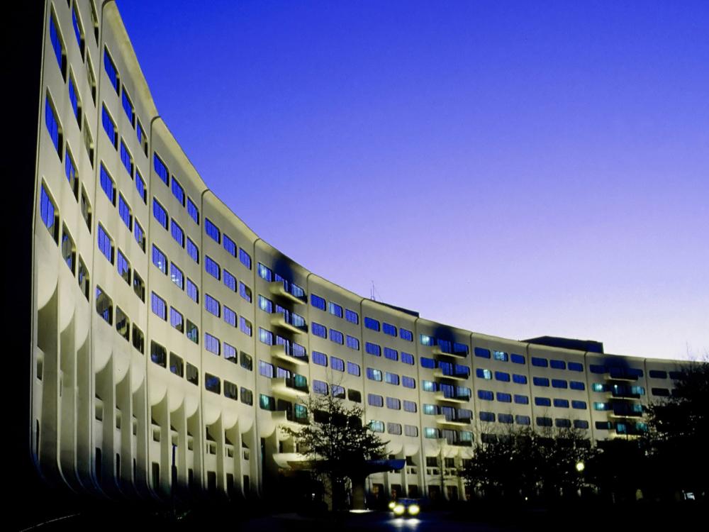 The building of Penn State's College of Medicine in Hershey is shown at dusk