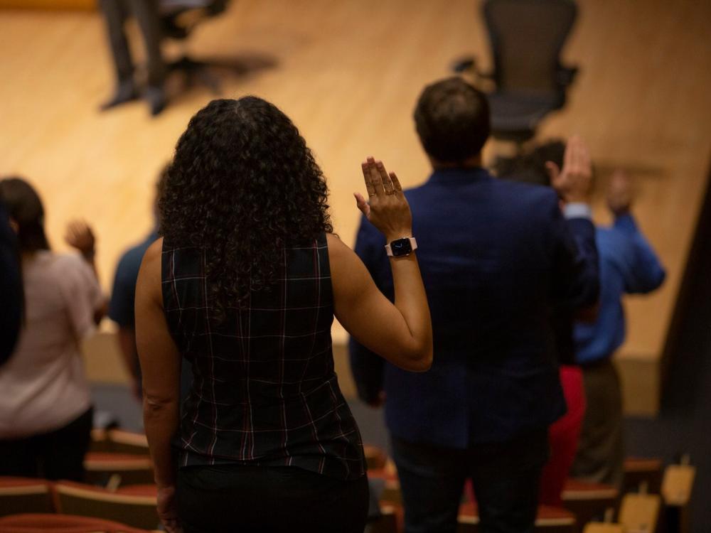 Incoming students take the professionalism pledge as part of annual convocation held at Dickinson Law before the start of the fall semester.