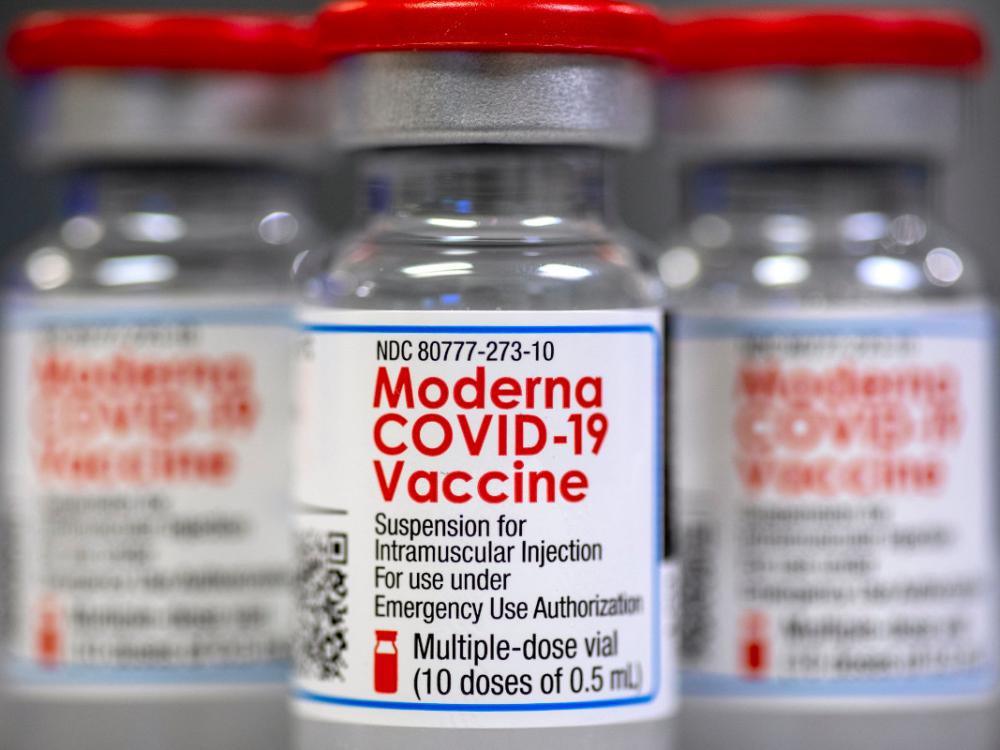 A closeup of Moderna COVID-19 vaccine vials