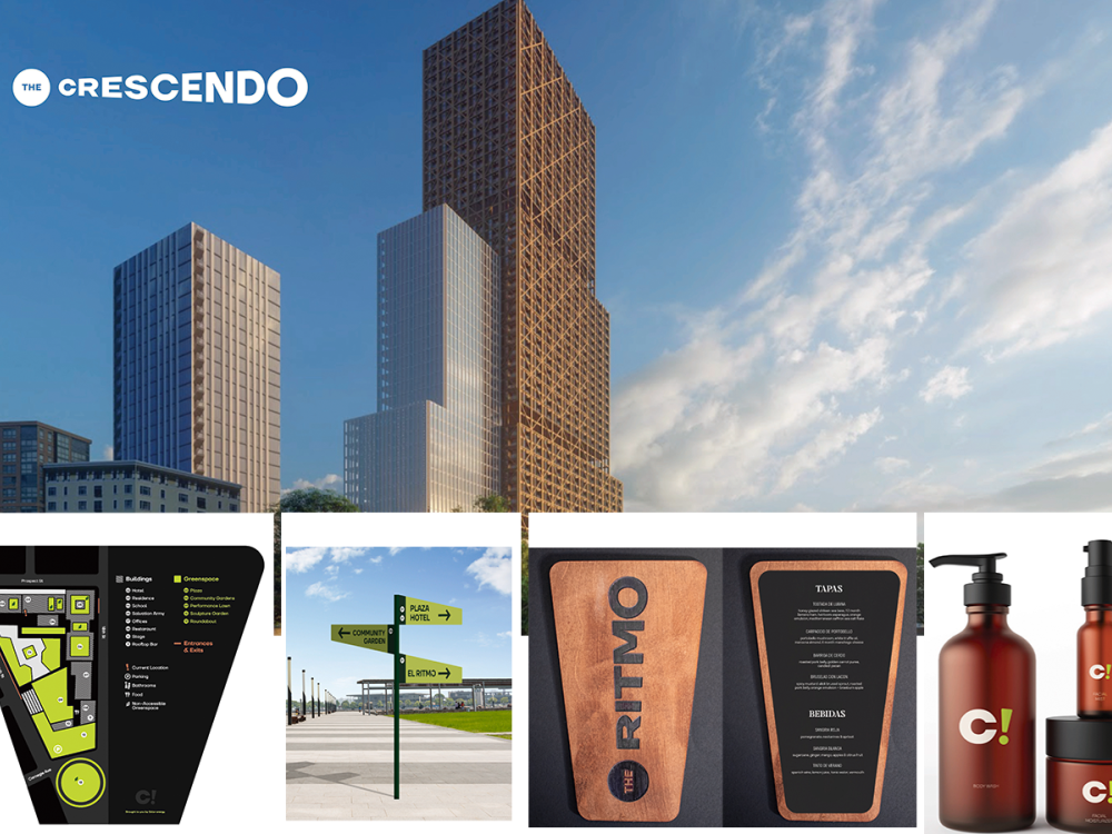 Crescendo-branded assets including a floorplan, wayfinding, a menu, and toiletries. 