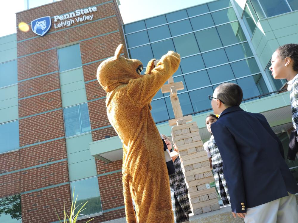 Nittany Lion building jenga tower