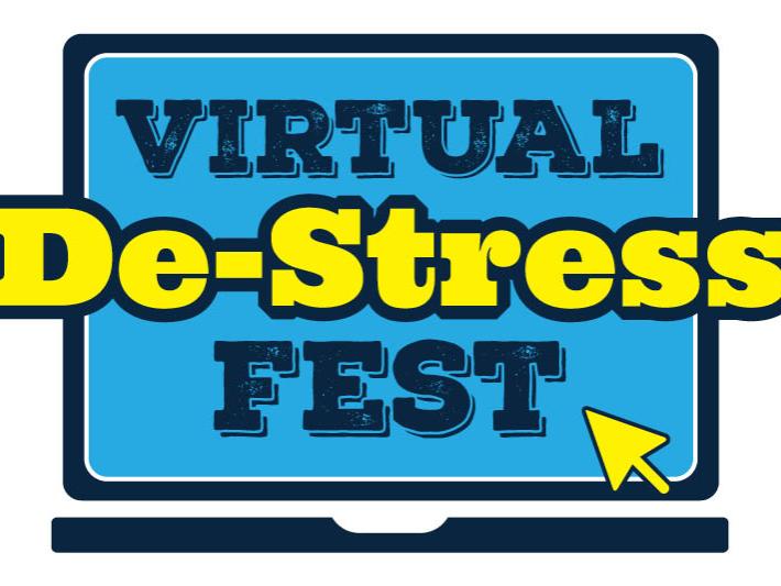 Virtual De-stress Fest logo (blue and yellow) 