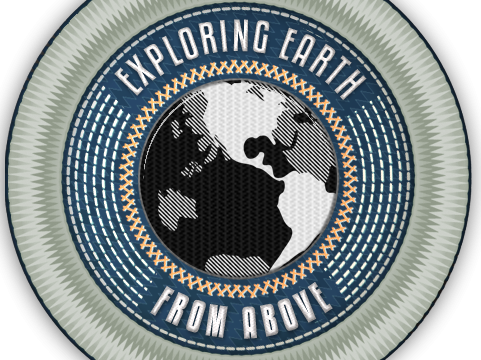 A blue digital badge awarded for studying exploring Earth from above