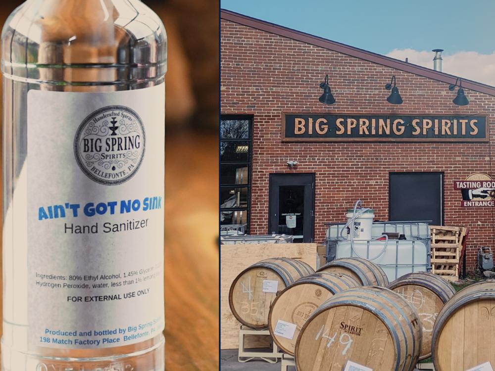 A split-screen image showing a bottle of sanitizer on the left and the Big Spring Spirits building on the right