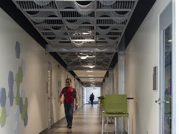 Abstract art fixtures add inspiration to the halls of the Eberly Building.