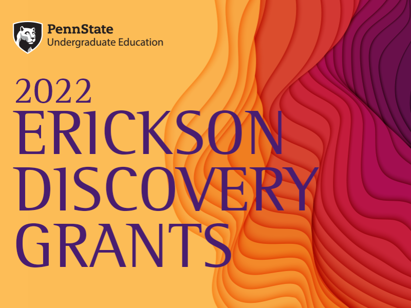 The words Penn State Undergraduate Education 2022 Erickson Discovery Grants against a background of orange, red and purple