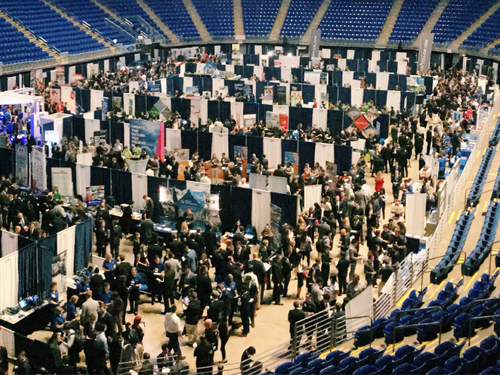 Hundreds of employer booths fill the Bryce Jordan Center arena floor during Fall Career Days