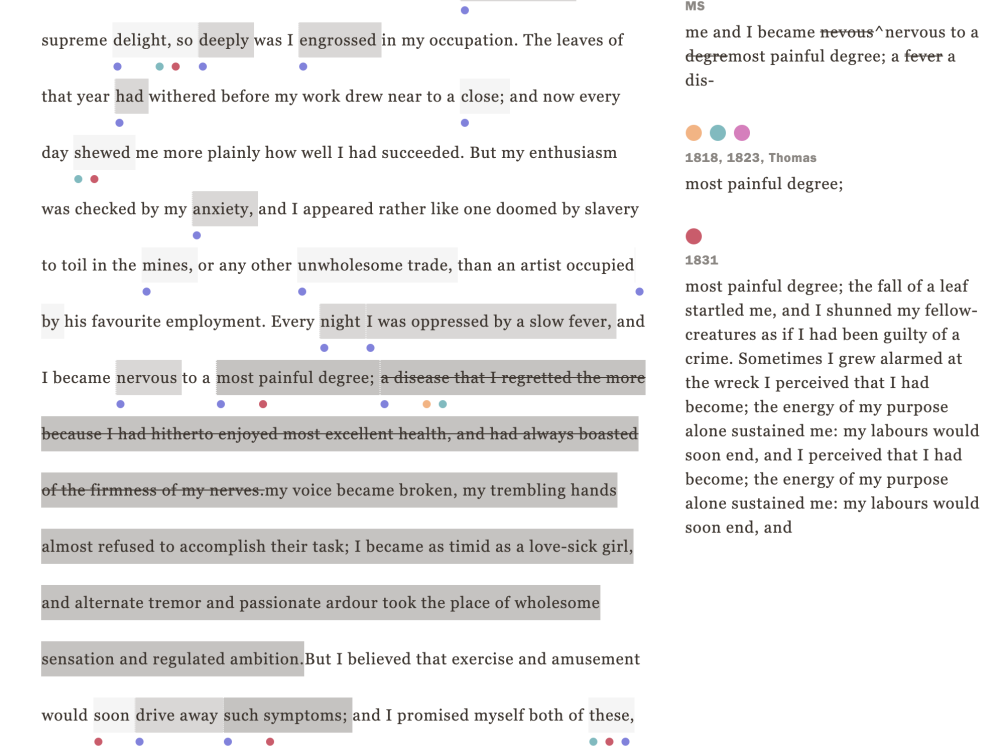 A passage of text from the "Frankenstein Variorum," which compares five different versions of the classic novel.