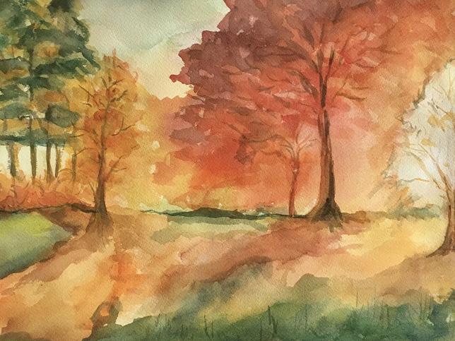 Watercolor painting of fall trees by Arlene Holtz