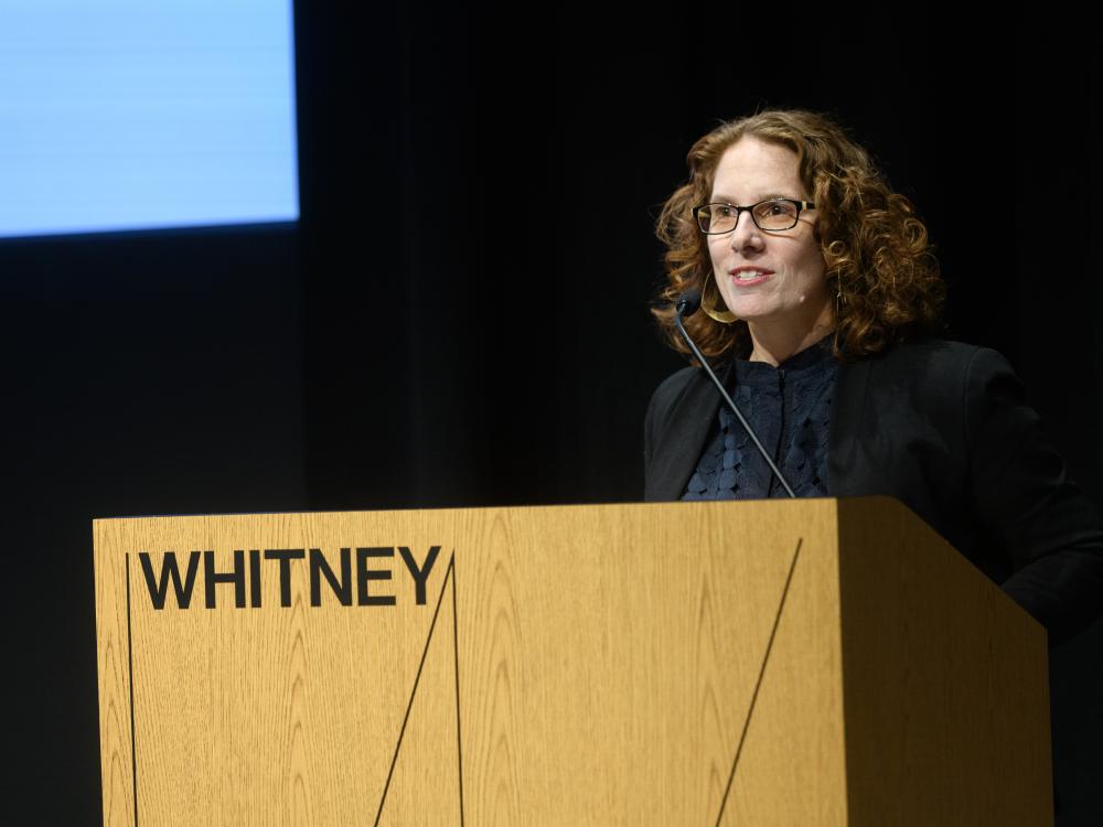 Cathy Braasch addressing the audience at a discussion panel held at the Whitney Museum of American Art.