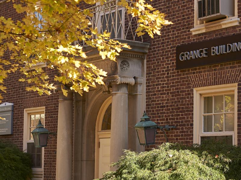 Front of Grange Building in the fall