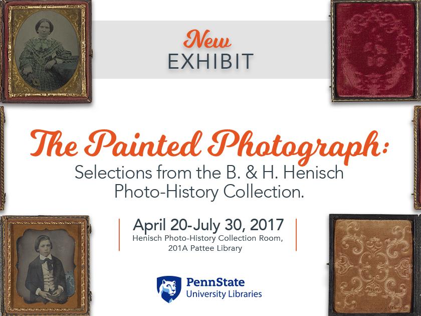 illustration with exhibit title and images of painted photographs from the 19th and early 20th centuries